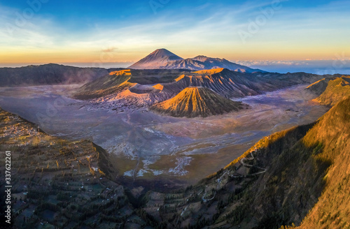 Aerial view of Mount Bromo  is an active volcano and part of the Tengger massif  in East Java  Indonesia. Famous travel destination backpacker in south east asia