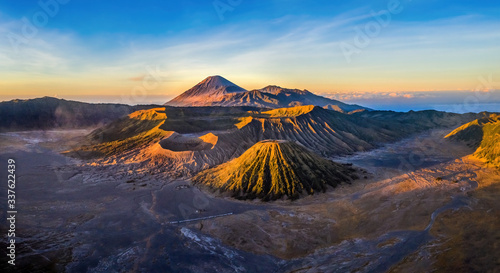 Aerial view of Mount Bromo, is an active volcano and part of the Tengger massif, in East Java, Indonesia. Famous travel destination backpacker in south east asia