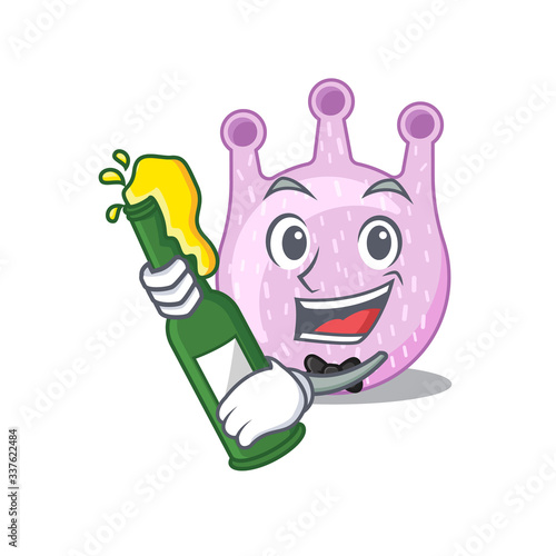 Mascot character design of viridans streptococci say cheers with bottle of beer