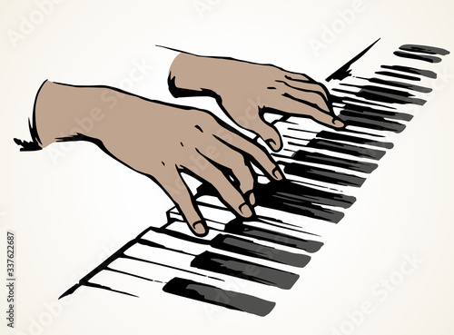 Hands on piano keyboard. Vector drawing