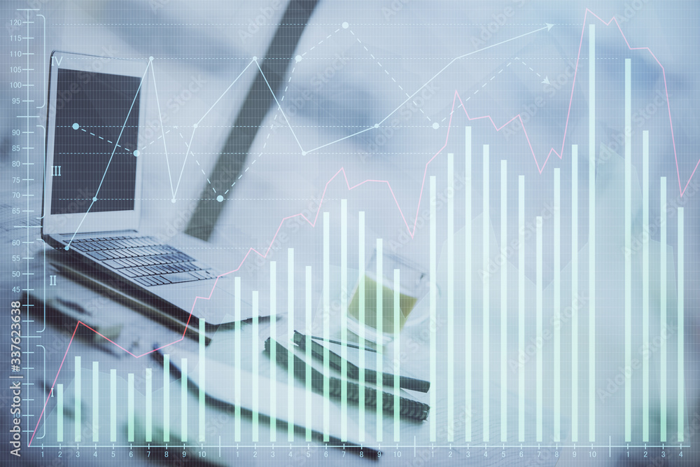 Naklejka premium Stock market graph and table with computer background. Multi exposure. Concept of financial analysis.