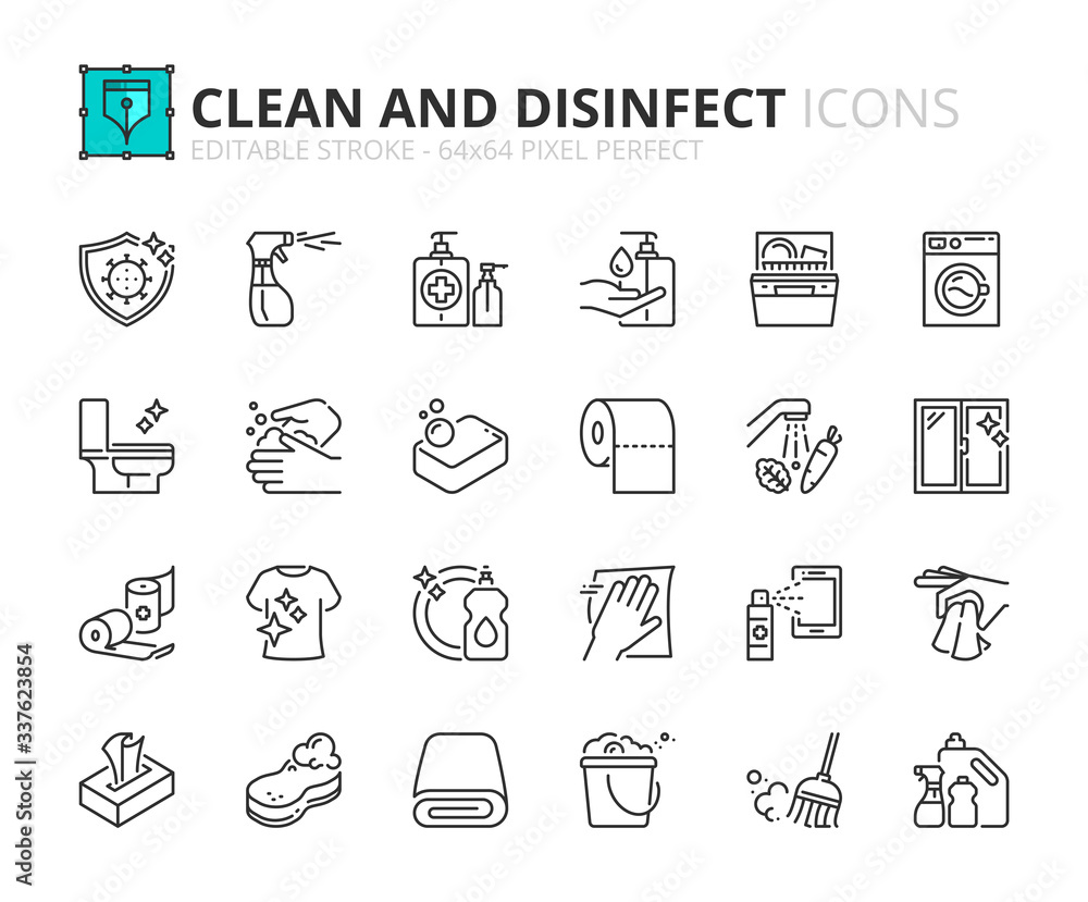 Simple set of outline icons about clean and disinfect. Simple set of outline icons about clean and disinfect.