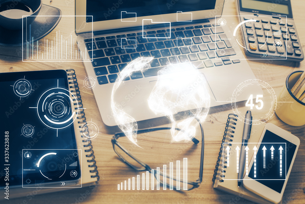 Double exposure of forex chart and work space with computer. Concept of international online trading. Double exposure of forex chart and work space with computer. Concept of international online trading.