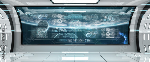 White spaceship interior with control panel digital screens 3D rendering photo