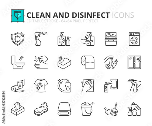 Simple set of outline icons about clean and disinfect.