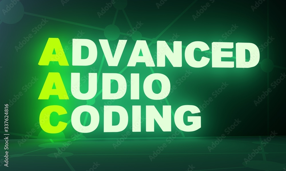 AAC - Advanced Audio Coding acronym. Technology concept background. 3D rendering. Neon bulb illumination