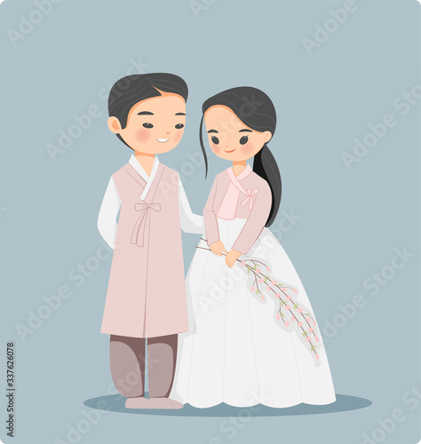 Cute Korean couple in Traditional Hanbok dress cartoon character