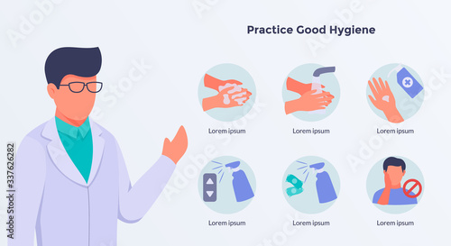 doctor give some advice on practice good hygiene concept with icons cleaning illustration