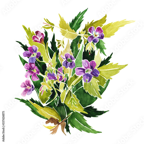 A bunch of flowers drawn by hand in watercolor . Small lilac flowers  green lush leaves.Sketch