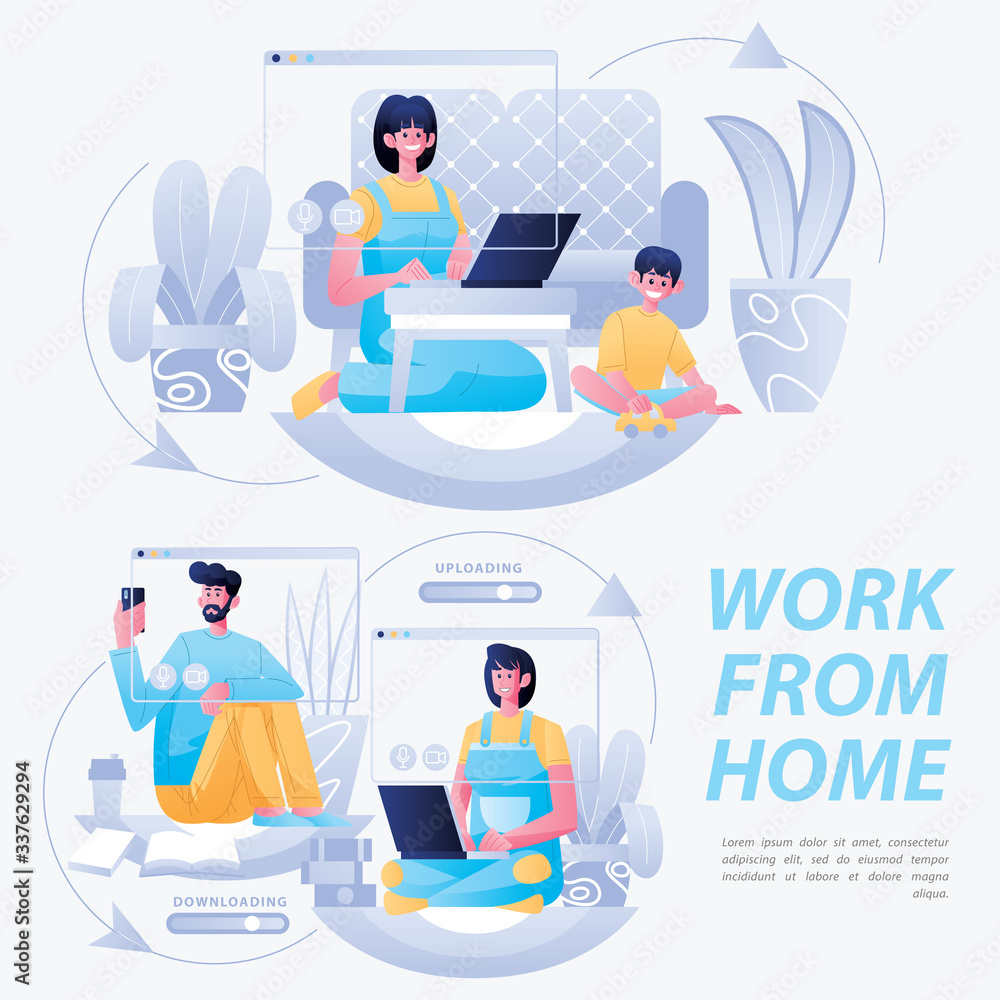 Telecommuting Work From Home With Partner Illustration Telecommuting Work From Home With Partner Illustration