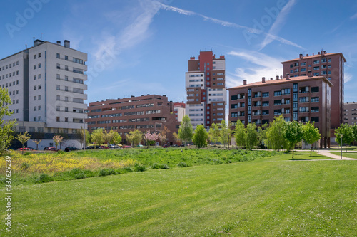 View of apartment buildings and a park in the Salburua quarter, Vitoria-Gasteiz, Basque Country, Spain
