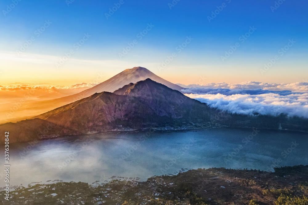 Aerial view of Indonesian volcano Batur in the tropical island Bali. panorama image of Danau Batur, Indonesia.