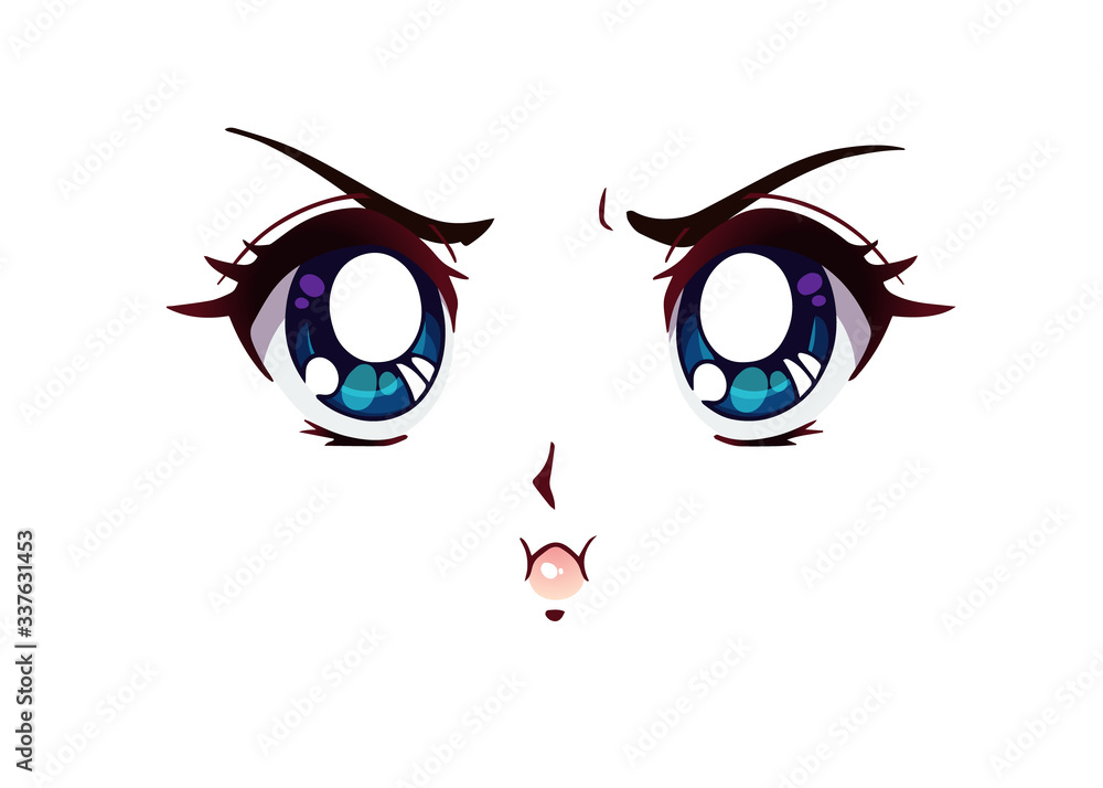 Angry anime face. Manga style big blue eyes
