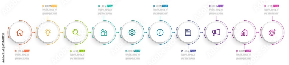 Minimal Business Infographics template. Timeline with 10 steps, options and marketing icons .Vector linear infographic with ten circle conected elements. Can be use for presentation. Minimal Business Infographics template. Timeline with 10 steps, options and marketing icons .Vector linear infographic with ten circle conected elements. Can be use for presentation.
