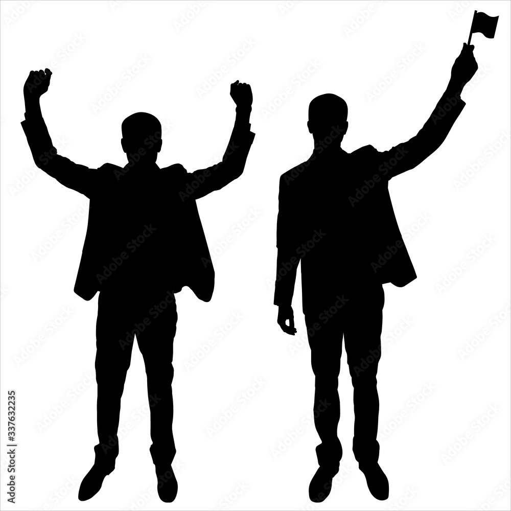 Vector illustration of men with arms raised. Businessman in a suit rejoices in success. Set of two black silhouettes. One man with both hands raised, the other raised one hand with a flag. Meeting.