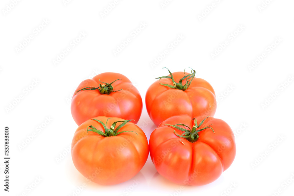 Red fresh tomatoes with green leaves on white background, good for body and healthy, Red fresh tomatoes with green leaves on white background, good for body and healthy,