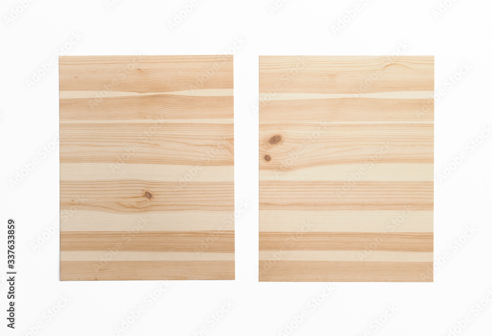 Naklejka premium 2 wooden desk isolated on white as template for logo, embossing presentation, texture etc.
