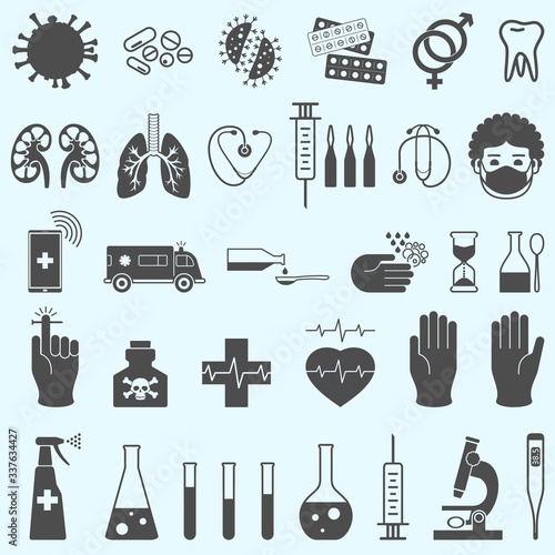 Medical set. Medical mask, syringe, aboratory glassware, gloves, thermometer, ambulance, microscope, syringe, spray. ovid 19. Virus protection. photo