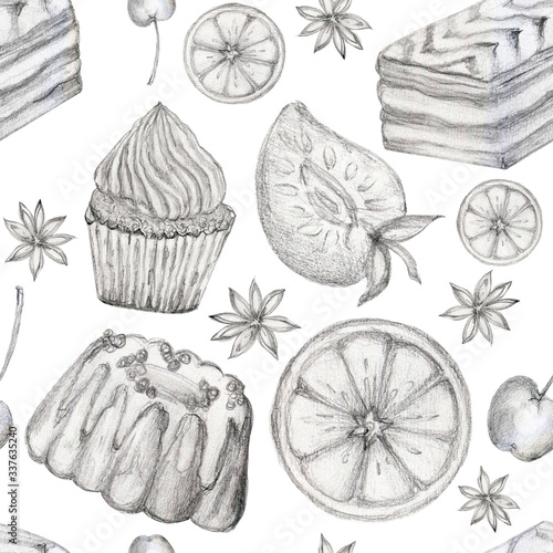 Sketch pencil line seamless pattern Icons of dessert bakery shop cupcake cake snack Illustrations design for restaurant  cafe  bar  coffeehouse  coffee shop by hand