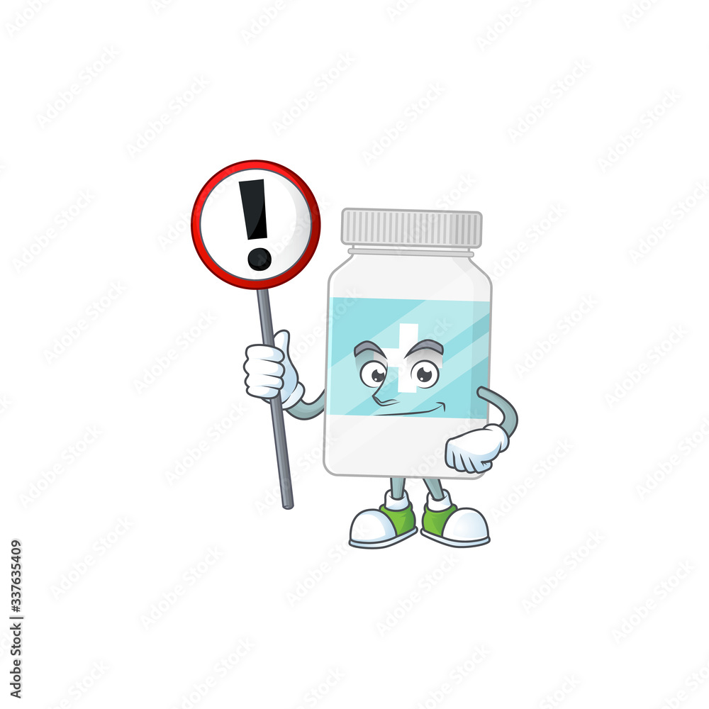 A picture of supplement bottle cartoon character concept holding a sign