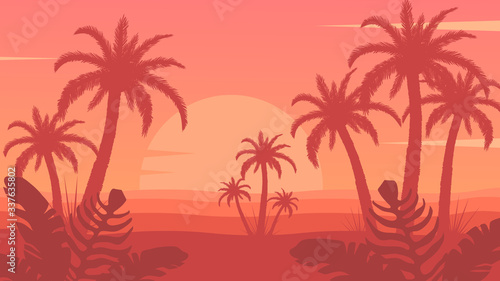 Tropical palm trees near sea or ocean. Beautiful sky with sunset background. Summer vocation, island with nature vector illustration.