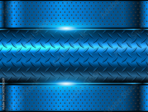 Background blue metallic, 3d chrome vector design with diamond plate sheet metal texture.
