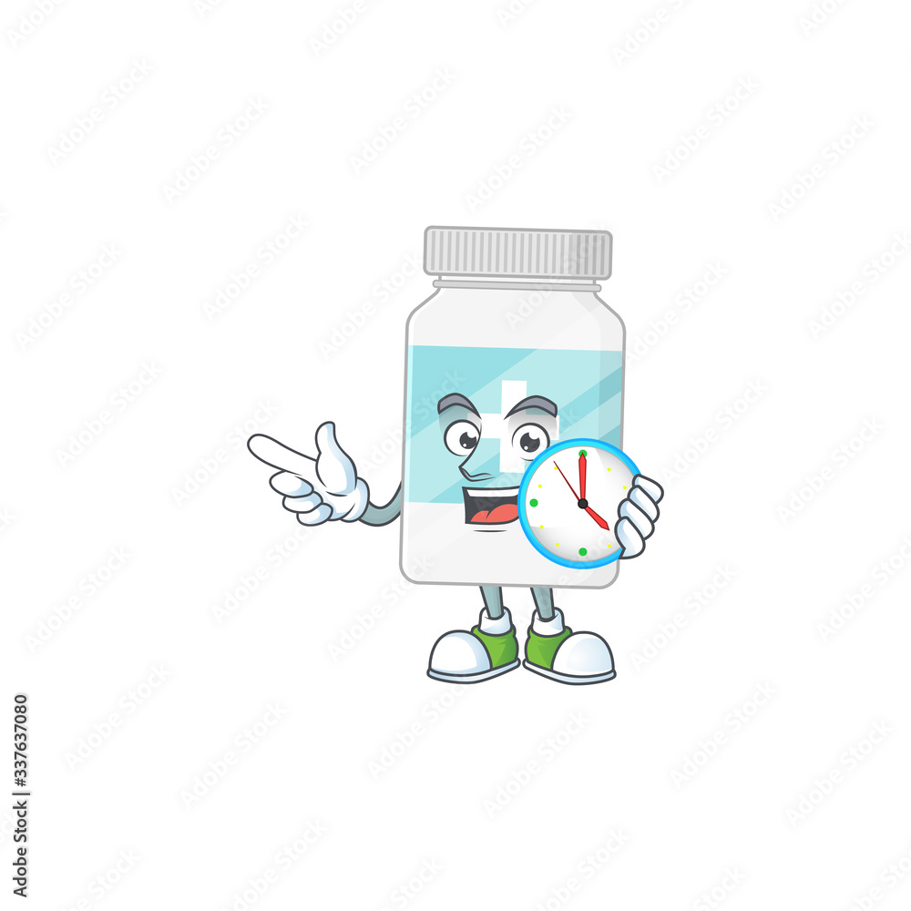 Supplement bottle mascot design concept holding a circle clock Supplement bottle mascot design concept holding a circle clock