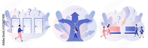 Make your choice. Tiny people choosing of directions. Metaphor alternatives or opportunities, life dilemma, decision making. Modern flat cartoon style. Vector illustration on white background