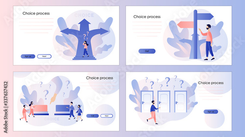 Concept choice of directions. Tiny people choosing. Screen template for mobile smart phone, landing page, template, ui, web, mobile app, poster, banner, flyer. Modern flat cartoon style. Vector