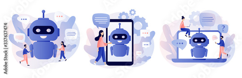 Chatbot concept. AI robot assistant, online customer support. Tiny people chatting with chatbot application. Modern flat cartoon style. Vector illustration on white background