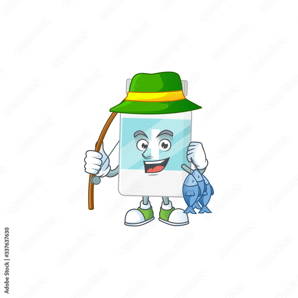 A Picture of supplement bottle fisher mascot design catch a fish