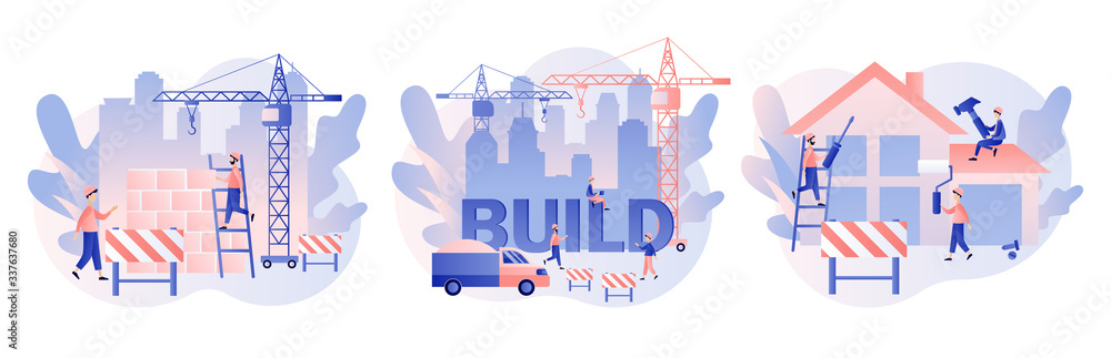 Fototapeta premium Build and Home Repair concept. Modern building process. Tiny men builders and repairers working with professional tools. Modern flat cartoon style. Vector illustration on white background