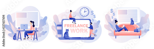 Freelance work concept. Tiny people work in comfortable conditions. Home office. Working space. Modern flat cartoon style. Vector illustration on white background