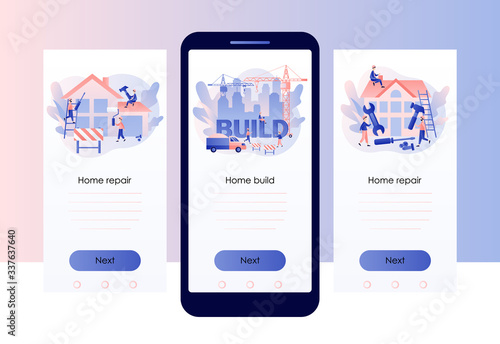 Build and Home Repair concept. Modern building process. Tiny men builders and repairers working with professional tools. Screen template for mobile smart phone. Modern flat cartoon style. Vector