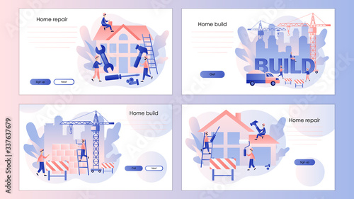 Build and Home Repair concept. Modern building process. Screen template for mobile smart phone, landing page, template, ui, web, mobile app, poster, banner, flyer. Modern flat cartoon style. Vector