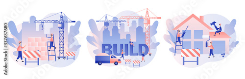 Build and Home Repair concept. Modern building process. Tiny men builders and repairers working with professional tools. Modern flat cartoon style. Vector illustration on white background