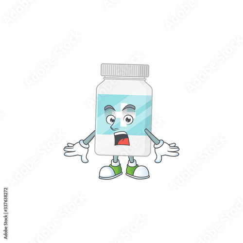 A cartoon design of supplement bottle showing an amazed gesture