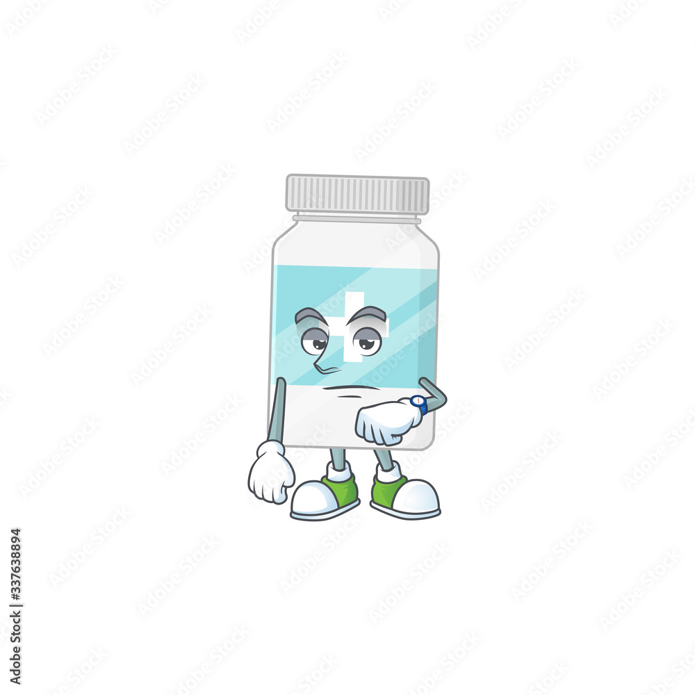 Supplement bottle with waiting gesture cartoon mascot design concept Supplement bottle with waiting gesture cartoon mascot design concept