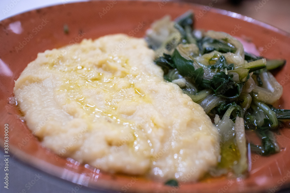 chicory with velvety fava beans typical Apulian dish. Altamura, Apulia (Puglia), Italy chicory with velvety fava beans typical Apulian dish. Altamura, Apulia (Puglia), Italy