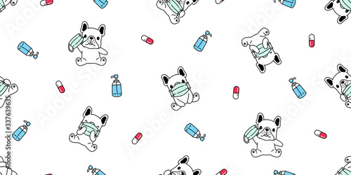 dog seamless pattern french bulldog face mask covid19 kitten coronavirus pm 25 vector pet puppy animal scarf isolated repeat wallpaper tile background cartoon doodle illustration design