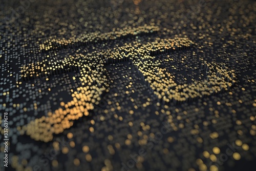 Golden numbers bars compose CNY renminbi or yuan symbol on black background. 3D rendering