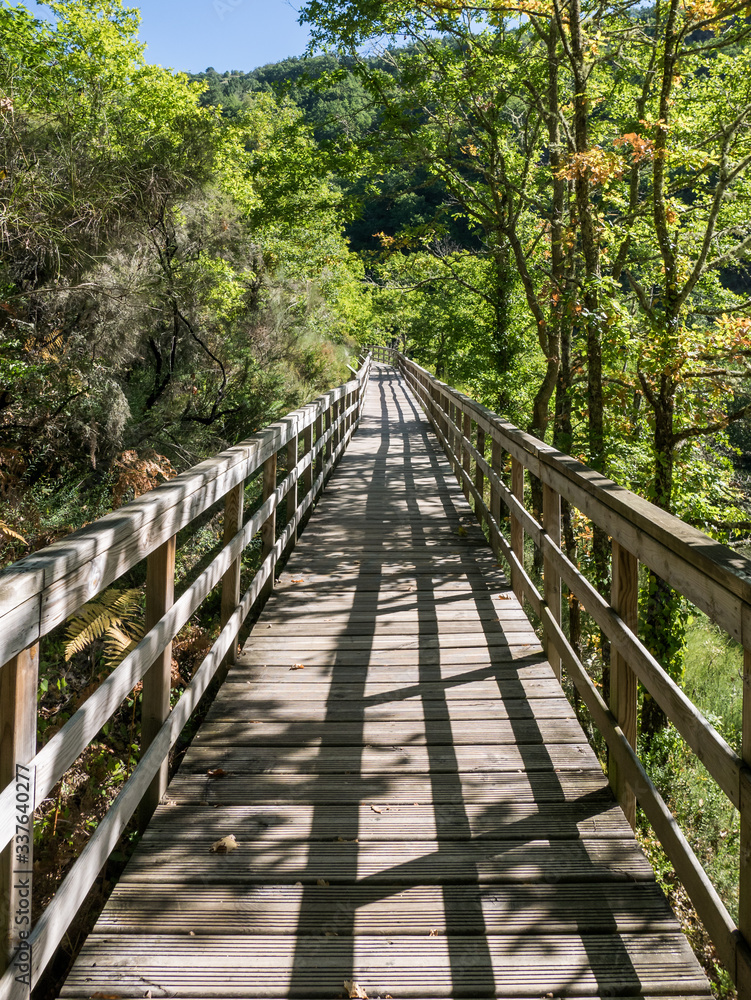 Wooden walkway on the River Mao Canyon hiking trail, Ourense, Galicia, Spain