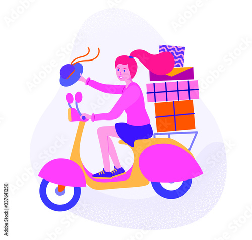 Vector flat illustration of fashion young woman driving yellow scooter loaded with shopping bags and gifts. Girl in a hurry to bring presents.