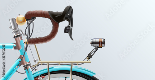 Fototapeta Naklejka Na Ścianę i Meble -  Bicycle. Realistic. Poster. Vector. Template. Ride. Cycle design. Poster with realistic bicycle handlebar iron with black rubber grips on white background vector illustration.