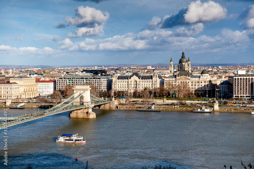 Budapest cityscape with Chain Bridge and St.Stephen`s Basilica. Hungary