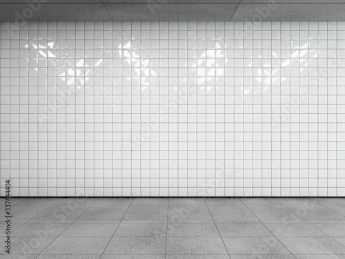 Fototapeta Naklejka Na Ścianę i Meble -  Abstract urban space, empty white tiled wall with concrete floor and ceiling. Side view with copy space to your advertision. Mock up. 3d render.