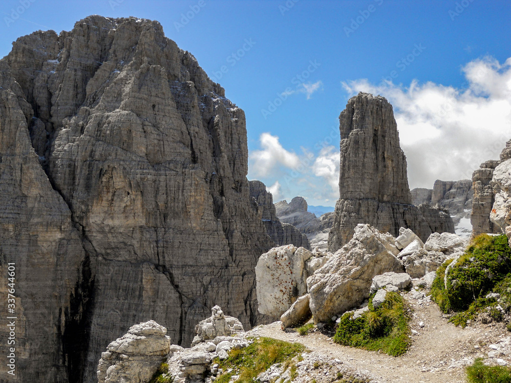 View of one of the most iconic domolites peak. The Campanil Basso in the Brenta group