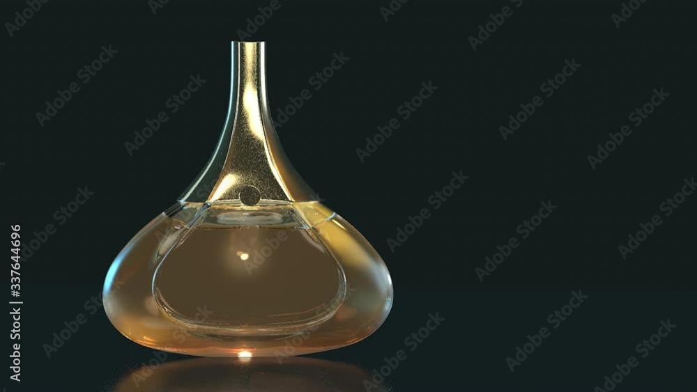 3d animation perfume bottle rotate on glass table with copy space on black background 3d animation perfume bottle rotate on glass table with copy space on black background