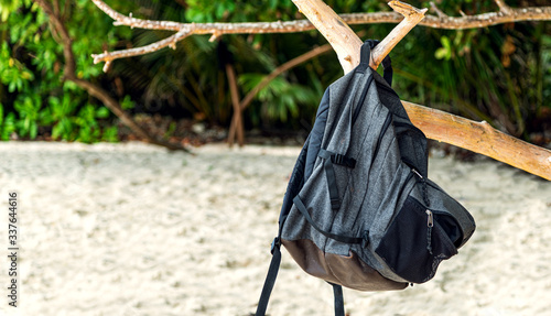 Tourst backpack hanging on a tree branch at the beach. photo