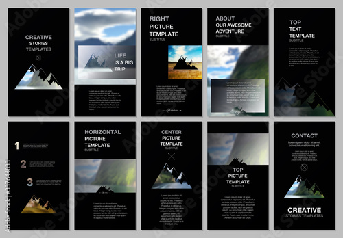 Creative social networks stories design, vertical banner or flyer template. Covers design templates for flyer, brochure. Background for tourist camp, nature tourism, camping. Aadventure design concept